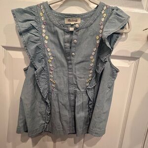 Madewell Blue Ruffle Tank with Floral Accents